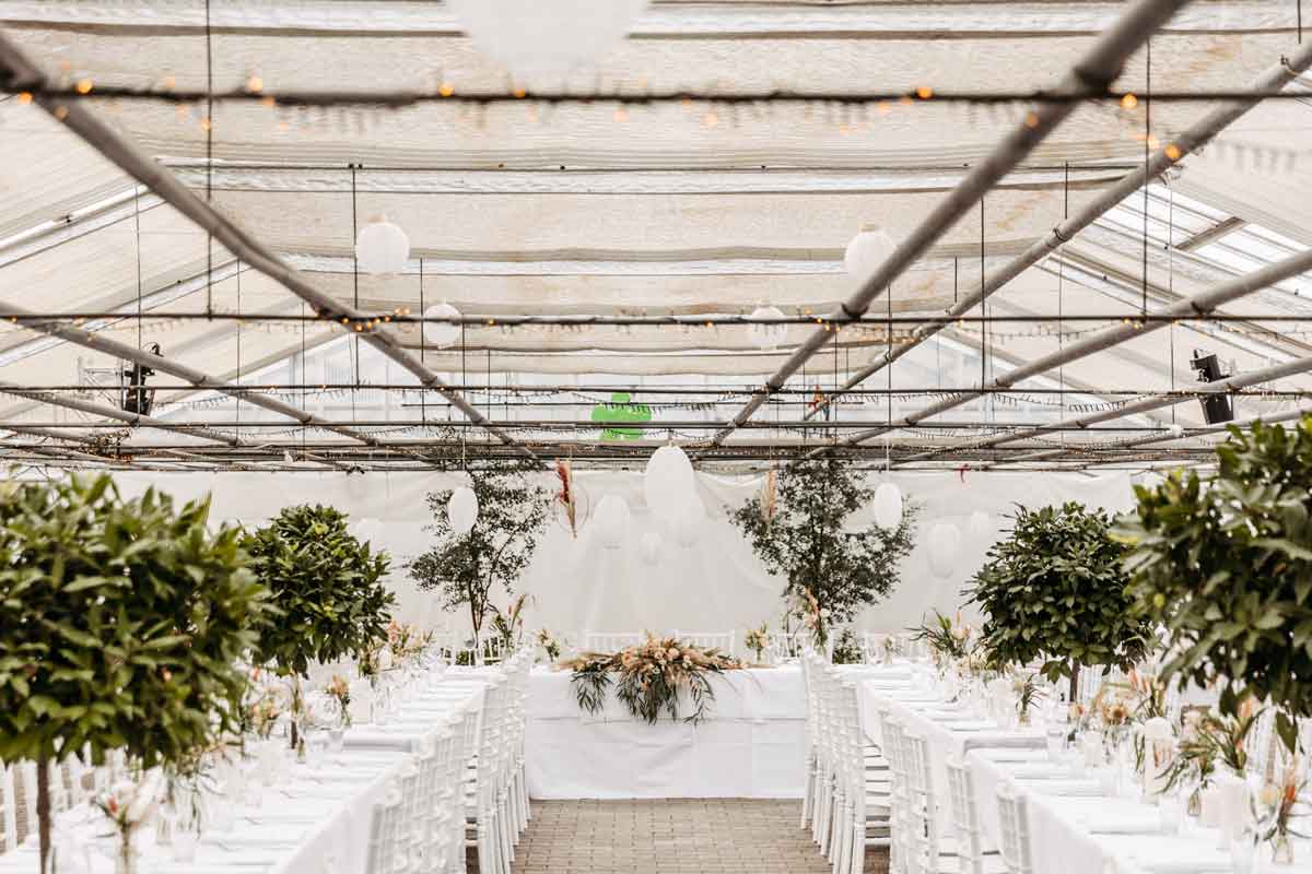 Innenansicht Hochzeitslocation Gärtnerei Guyot mit eingedeckten Tischen und kleinen Olivenbäumen.